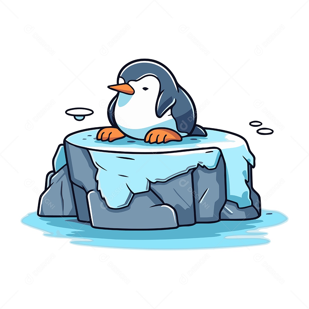 Pinguim Fofo Sentado em Um Bloco de Gelo Ilustração Vetor EPS