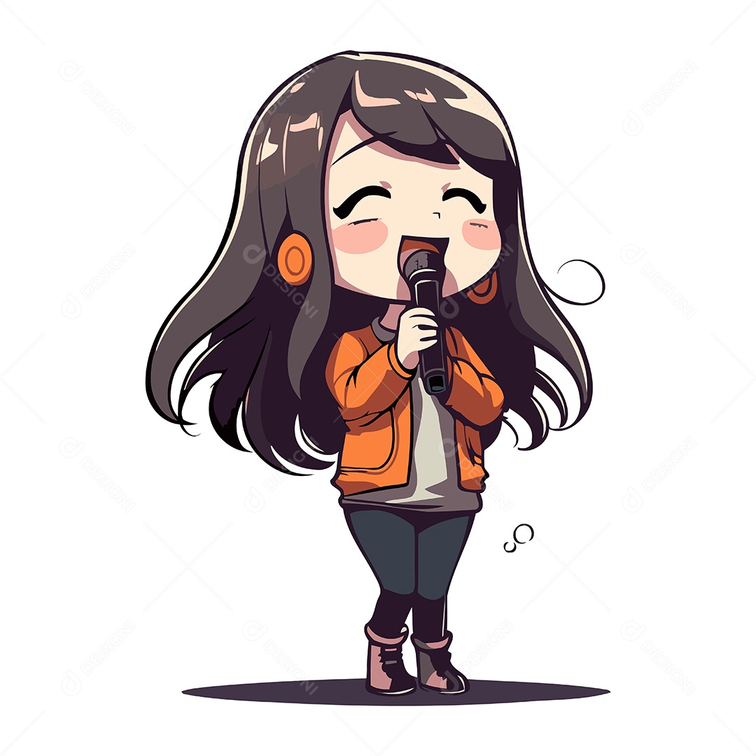 Menina Bonitinha Cantando Karaokê Ilustração Vetor EPS