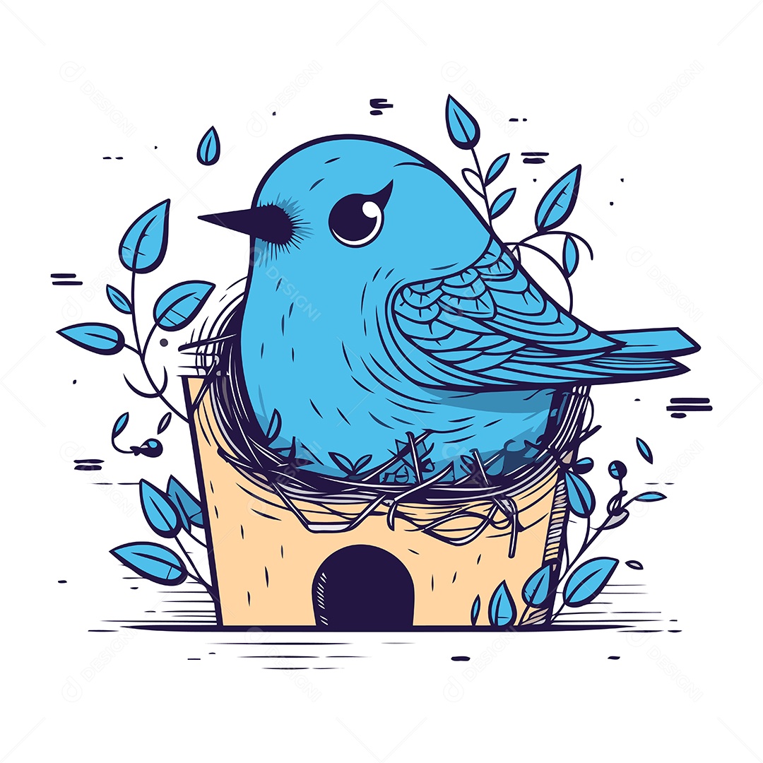 Pássaro Azul de Desenho Animado no Ninho Ilustração Vetor EPS