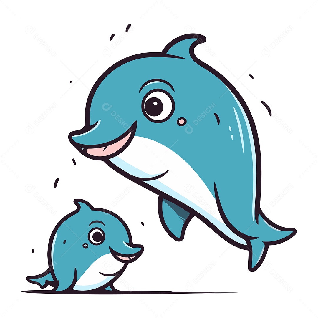 Golfinho e Filhote de Desenho Animado Ilustração Vetor EPS