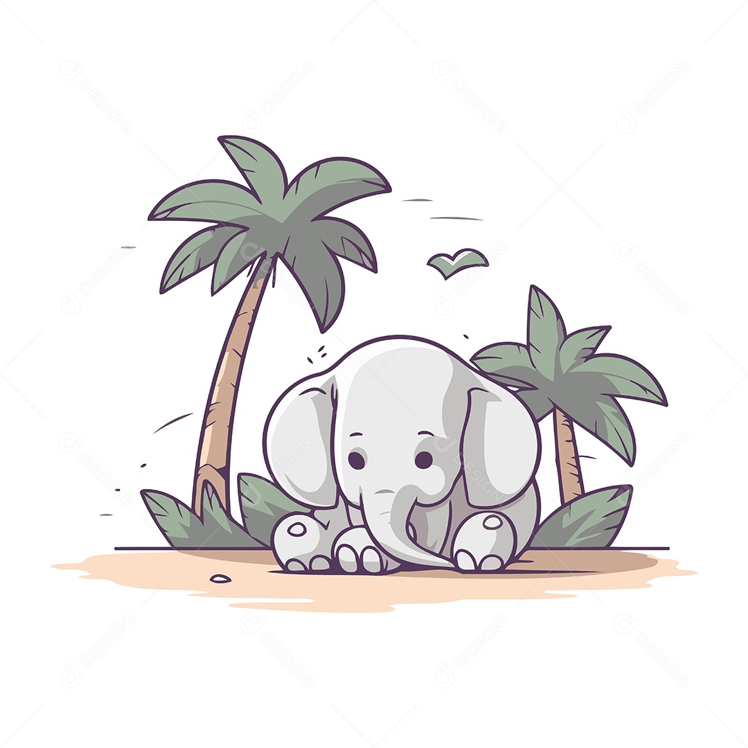 Elefante Fofo na Praia Ilustração Vetor EPS