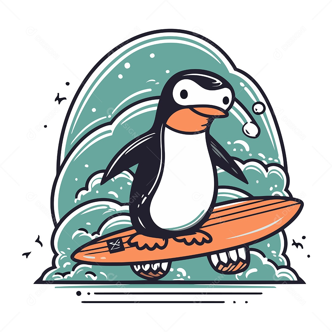 Pinguim Fofo com Prancha de Surfe Ilustração Vetor EPS