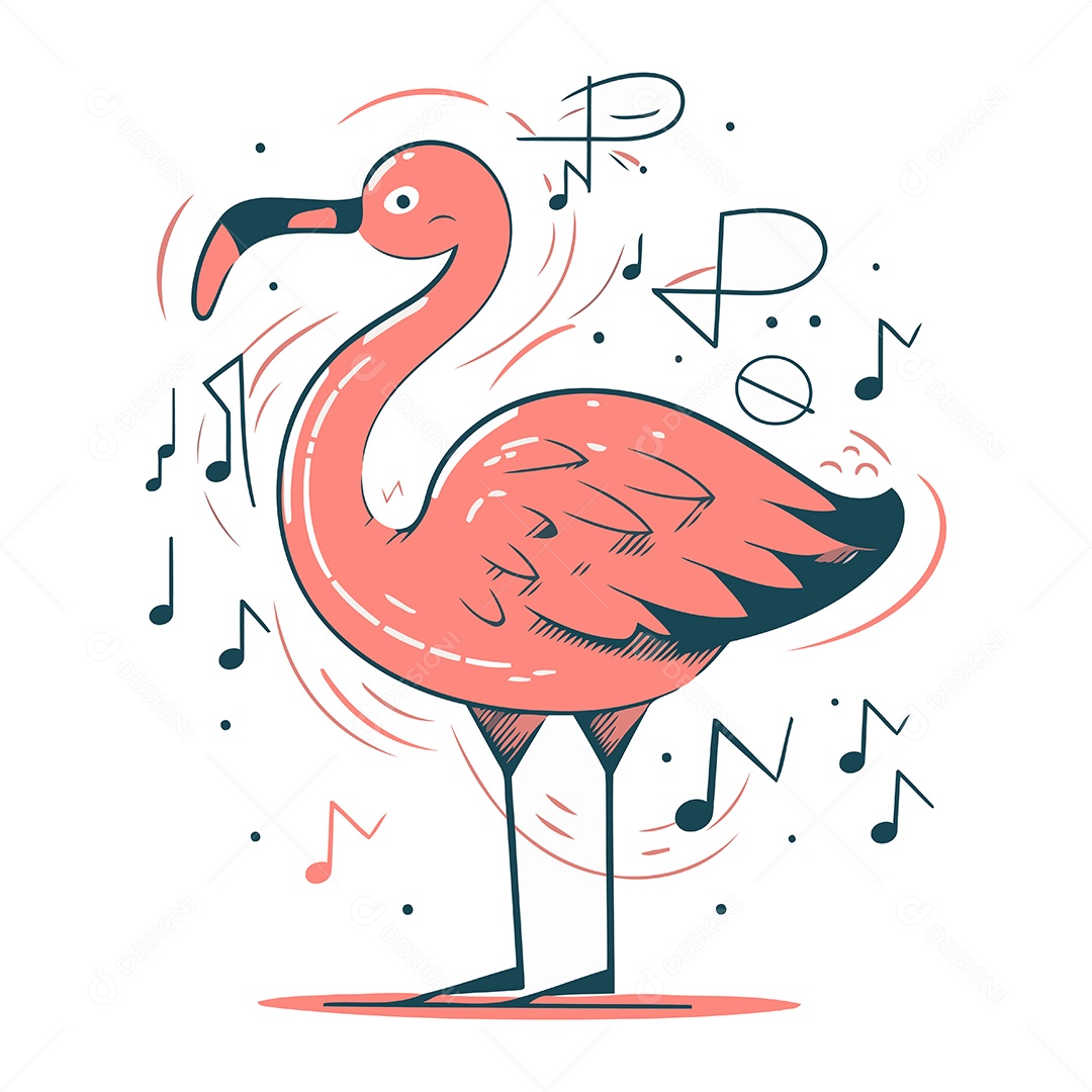 Flamingo com Notas Musicais Ilustração Vetor EPS