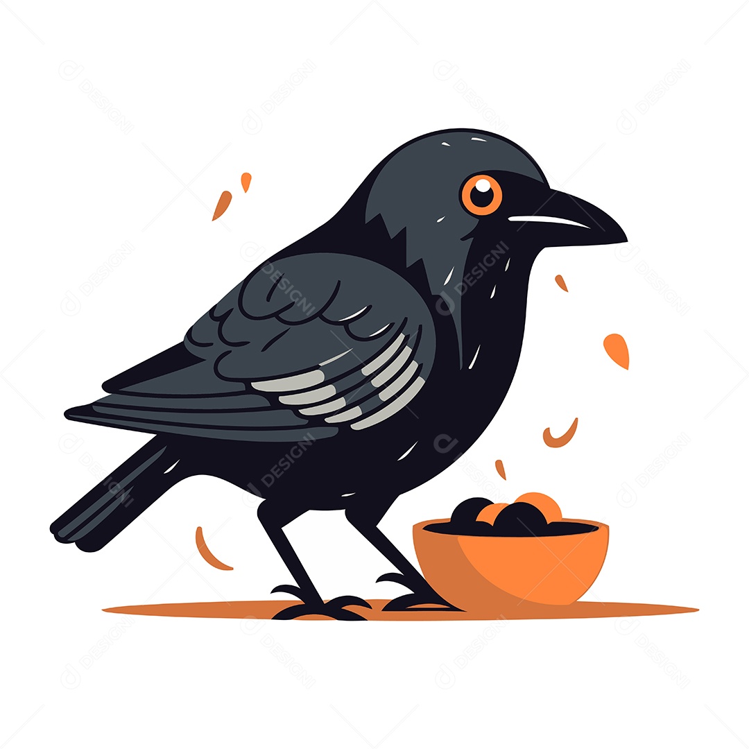 Corvo com Tigela de Comida Ilustração Vetor EPS
