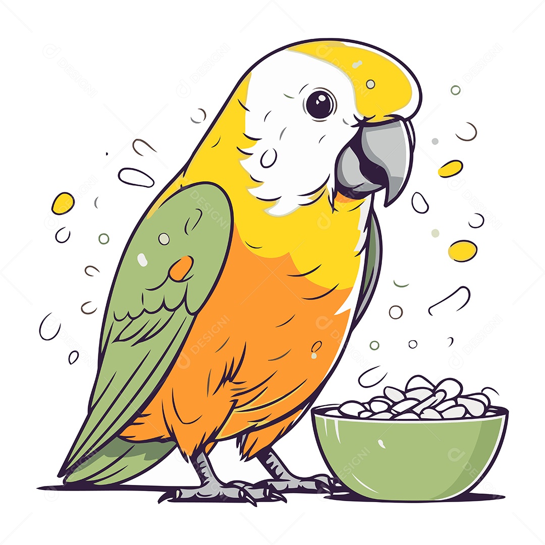 Papagaio de Desenho Animado com Tigela Ilustração Vetor EPS