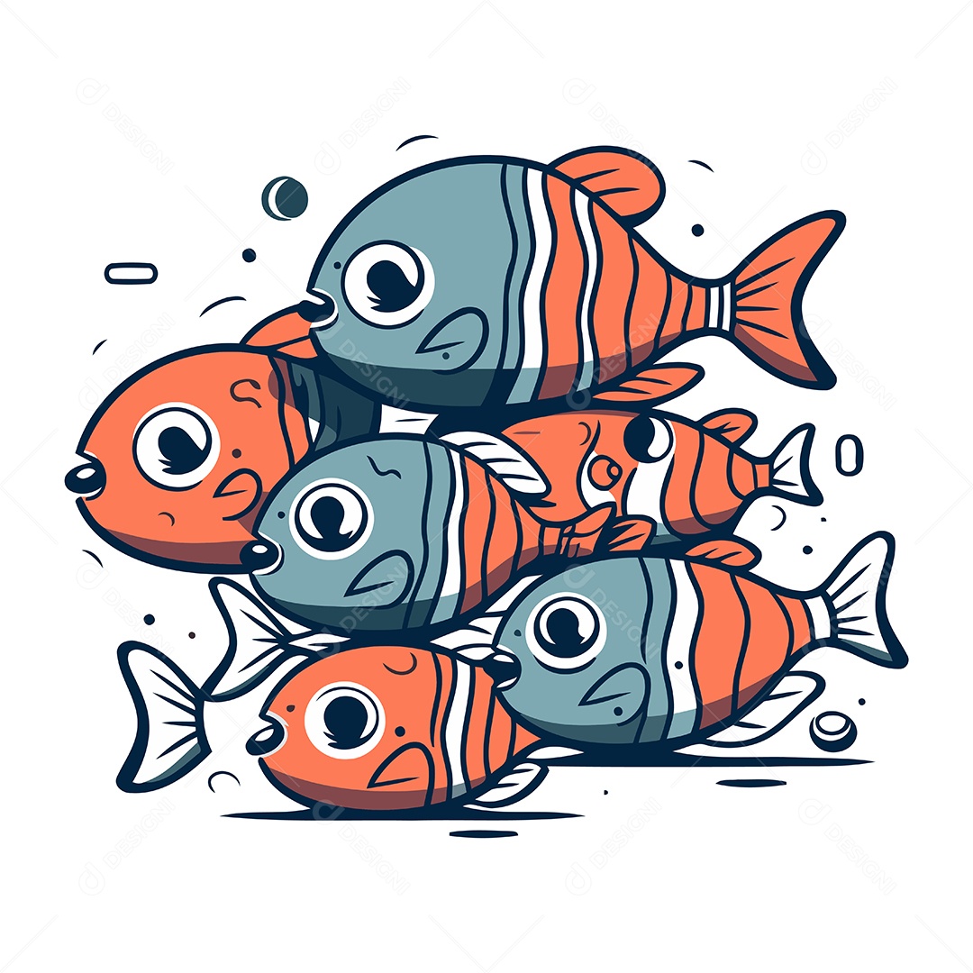 Grupo de Peixes Desenho Animado Ilustração Vetor EPS