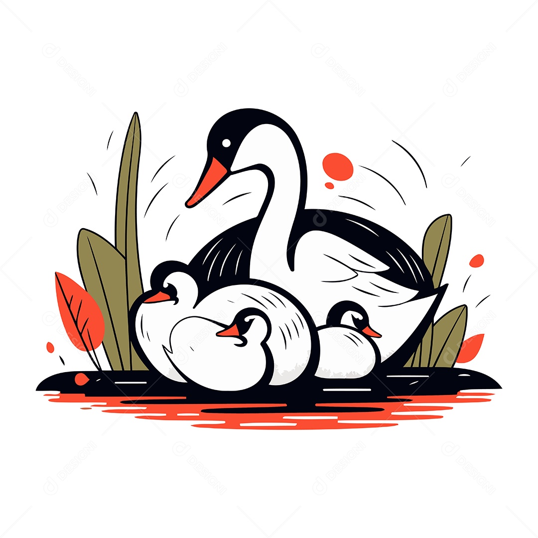 Cisne com Seus Filhotes Ilustração Vetor EPS