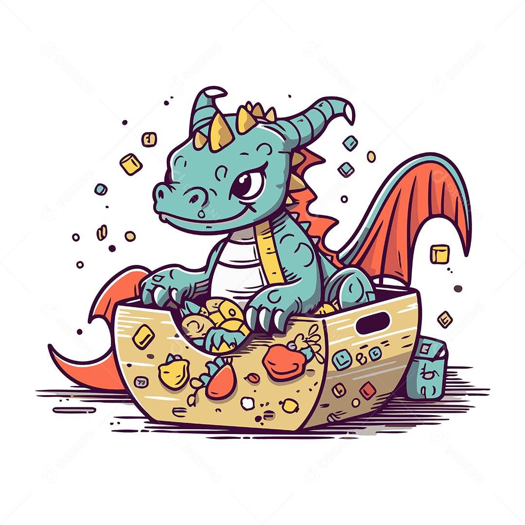 Dragão Com Um Baú de Tesouro Ilustração Vetor EPS