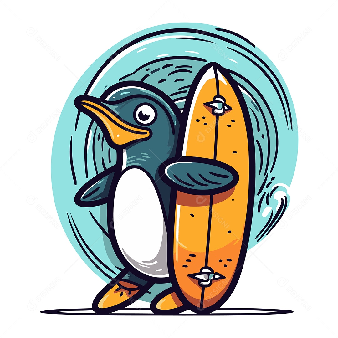 Pinguim com Prancha de Surfe Ilustração Vetor EPS