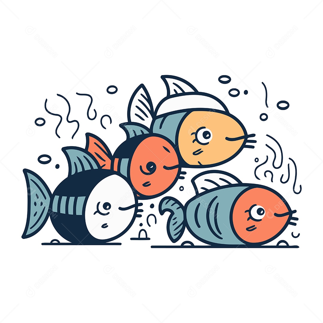 Grupo de Peixes Desenho Animado Ilustração Vetor EPS