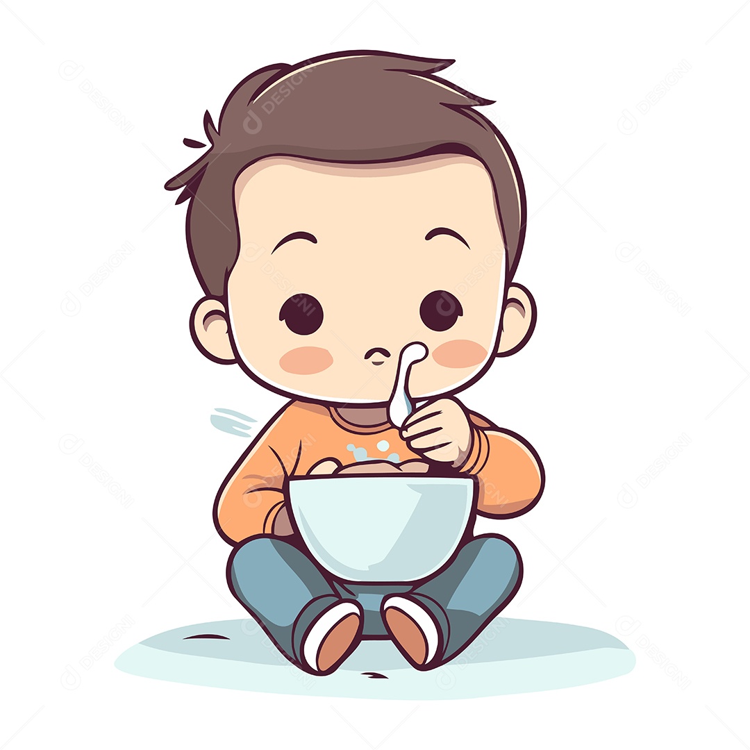 Menino Bonitinho Comendo Uma Tigela de Cereal Ilustração Vetor EPS