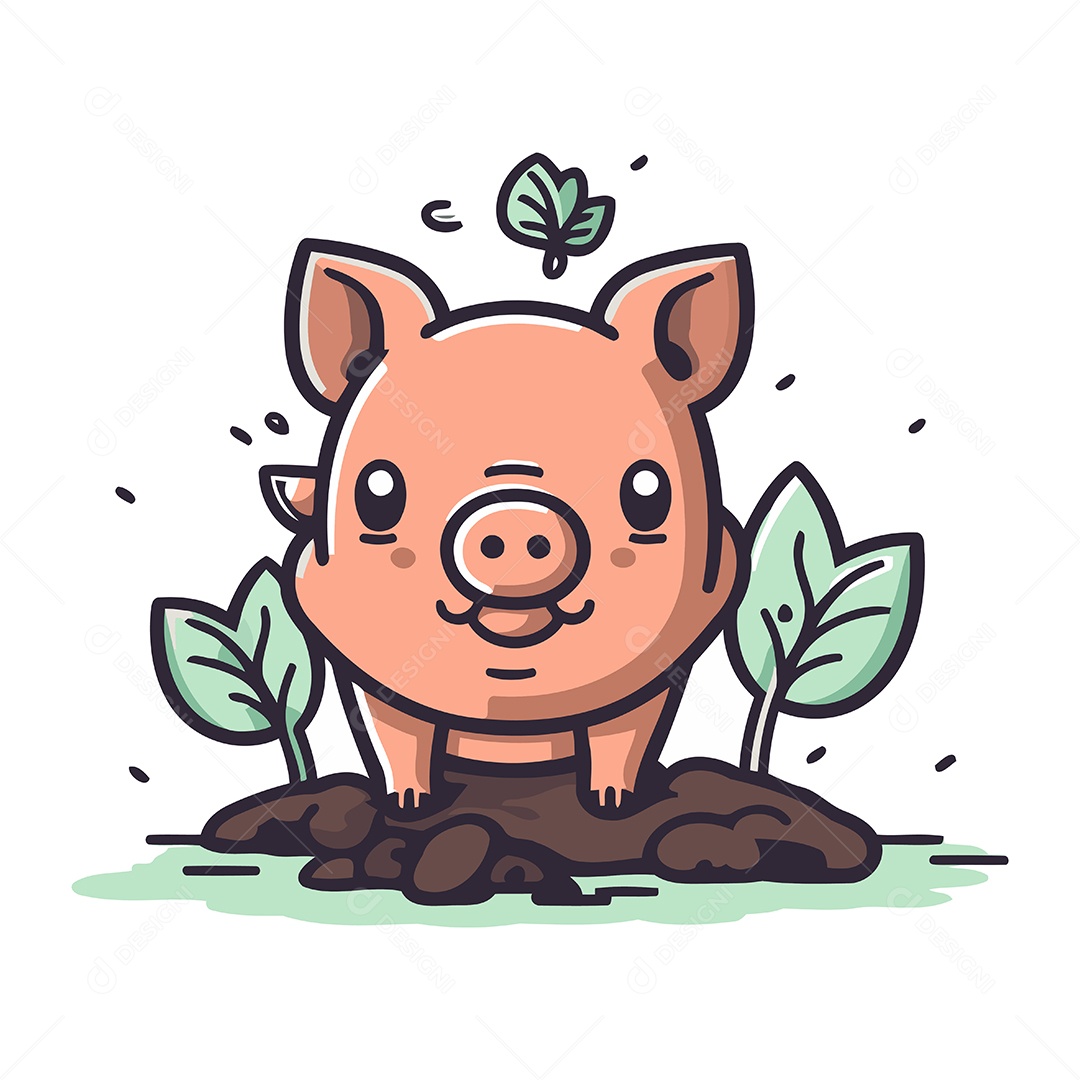 Porquinho Fofo com Folhas Ilustração Vetor EPS