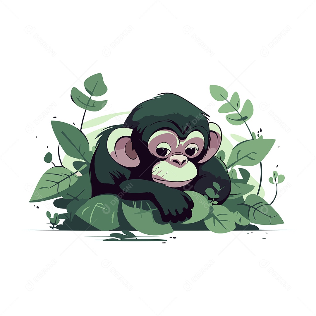 Chimpanzé Sentado nas Folhas Verdes Ilustração Vetor EPS