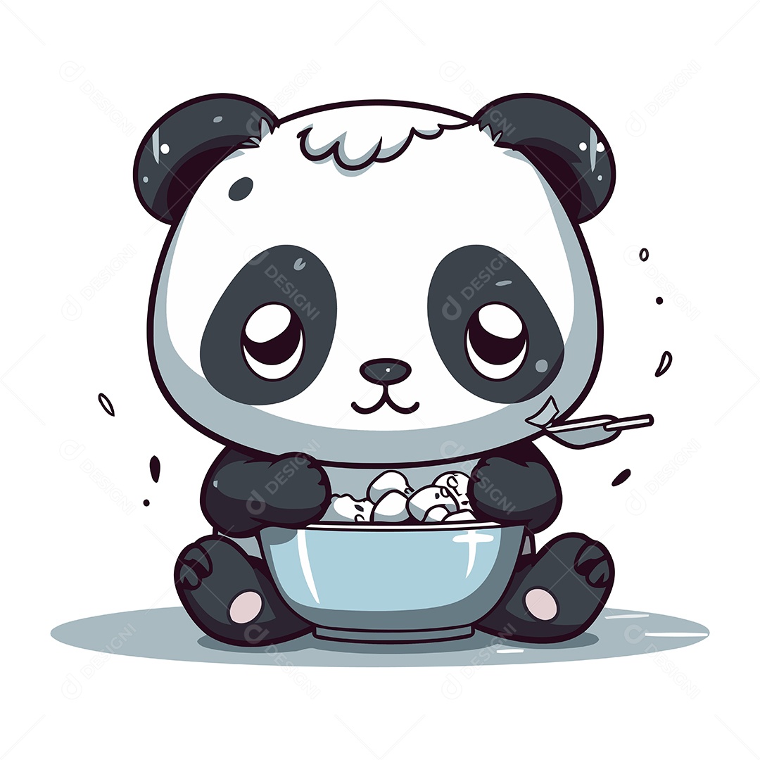 Panda Fofo Comendo uma Tigela de Comida Ilustração Vetor EPS