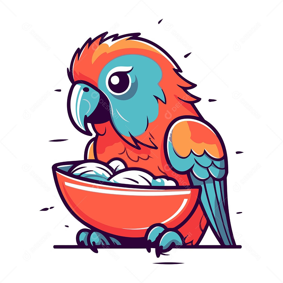 Papagaio Fofo Segurando uma Tigela Cheia de Comida Ilustração Vetor EPS