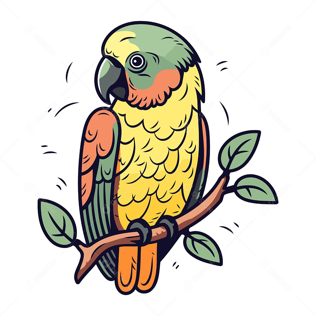 Papagaio Fofo Sentado em um Galho de Árvore Ilustração Vetor EPS