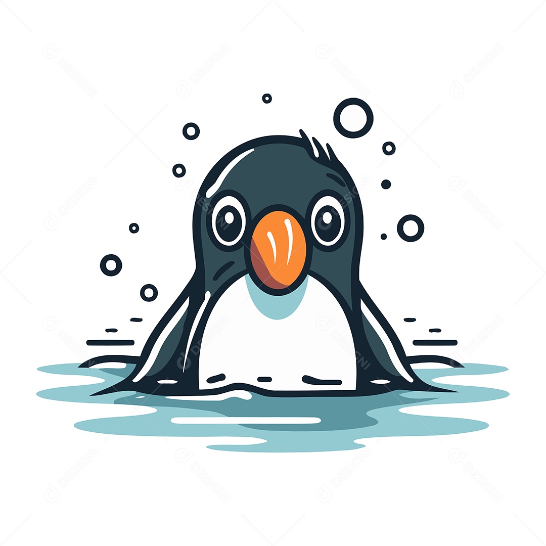 Pinguim Fofo Nadando na Água Ilustração Vetor EPS