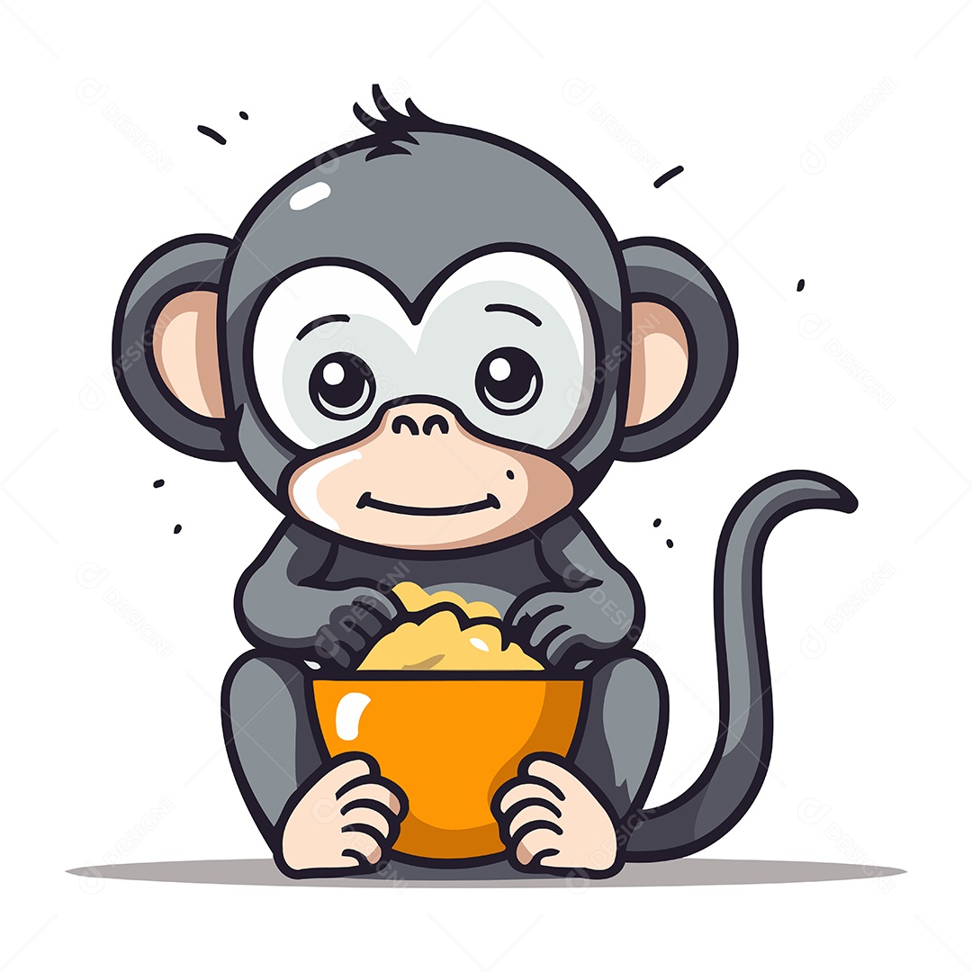 Macaco de Desenho Animado com Tigela Ilustração Vetor EPS