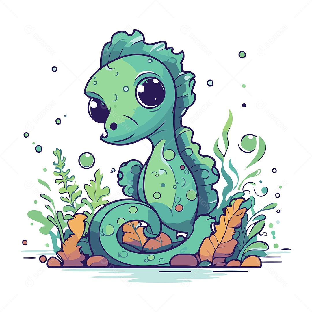 Cavalo Marinho Fofo de Desenho Animado Ilustração Vetor EPS