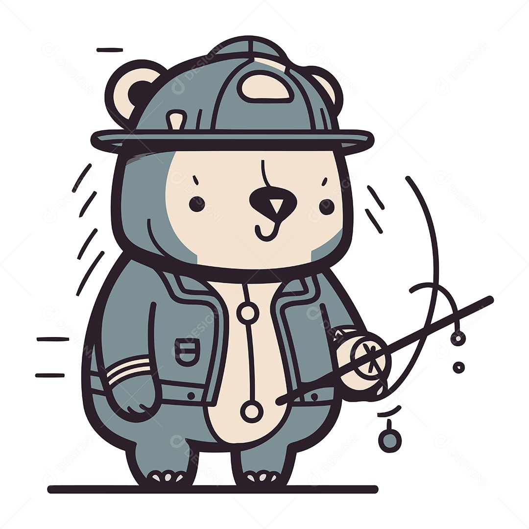 Urso Fofo com Vara de Pescar Ilustração Vetor EPS