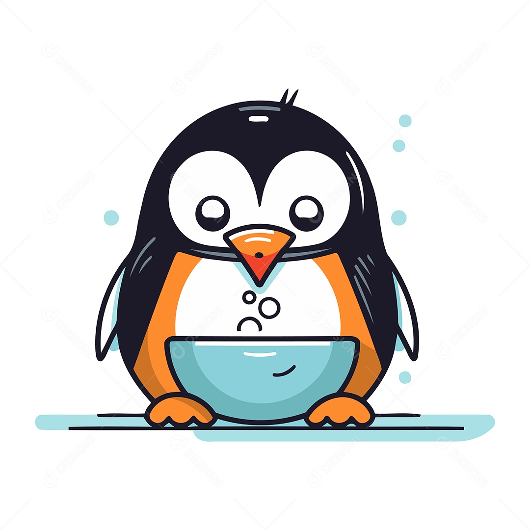 Pinguim de Desenho Animado com uma Tigela Ilustração Vetor EPS