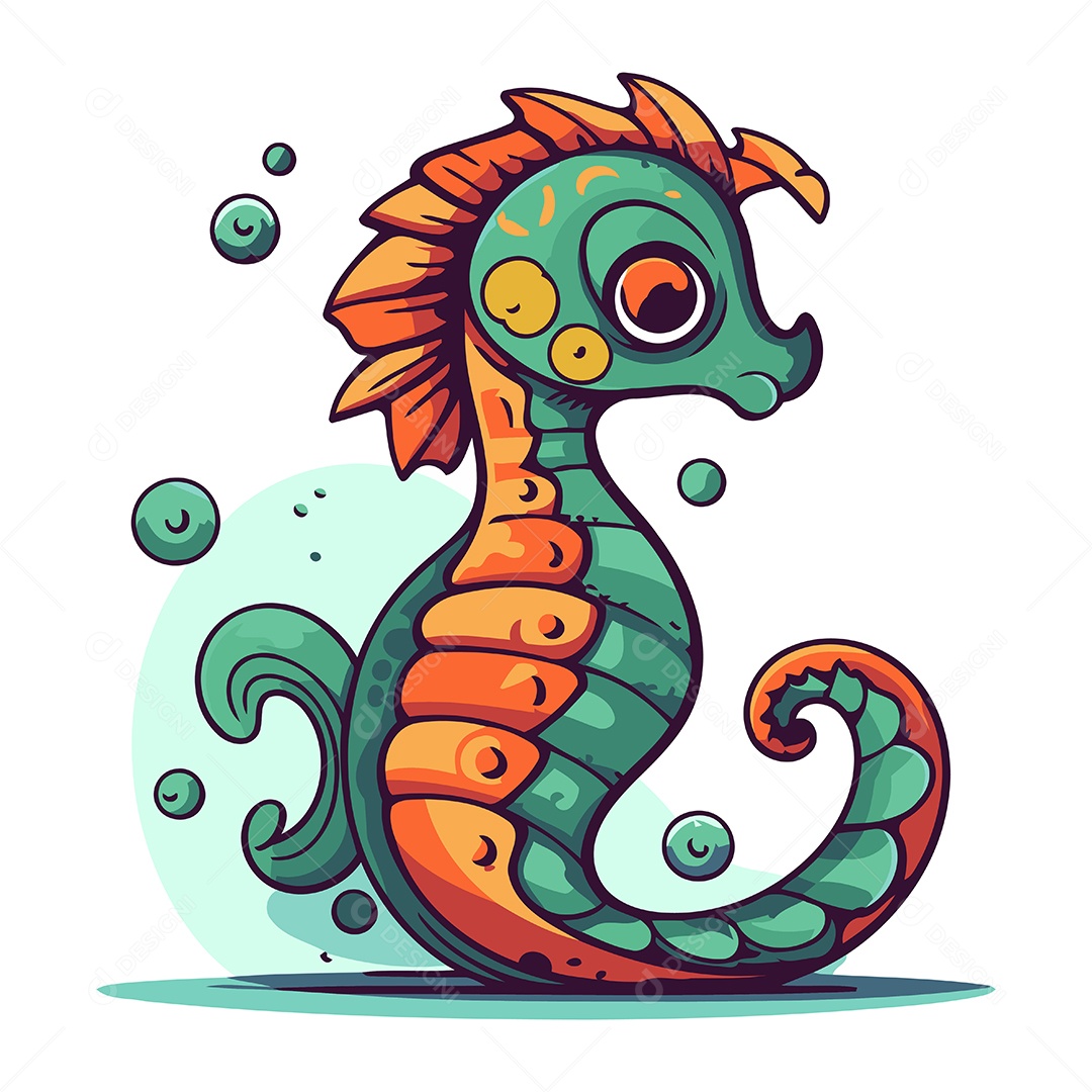 Cavalo Marinho Fofo de Desenho Animado Ilustração Vetor EPS