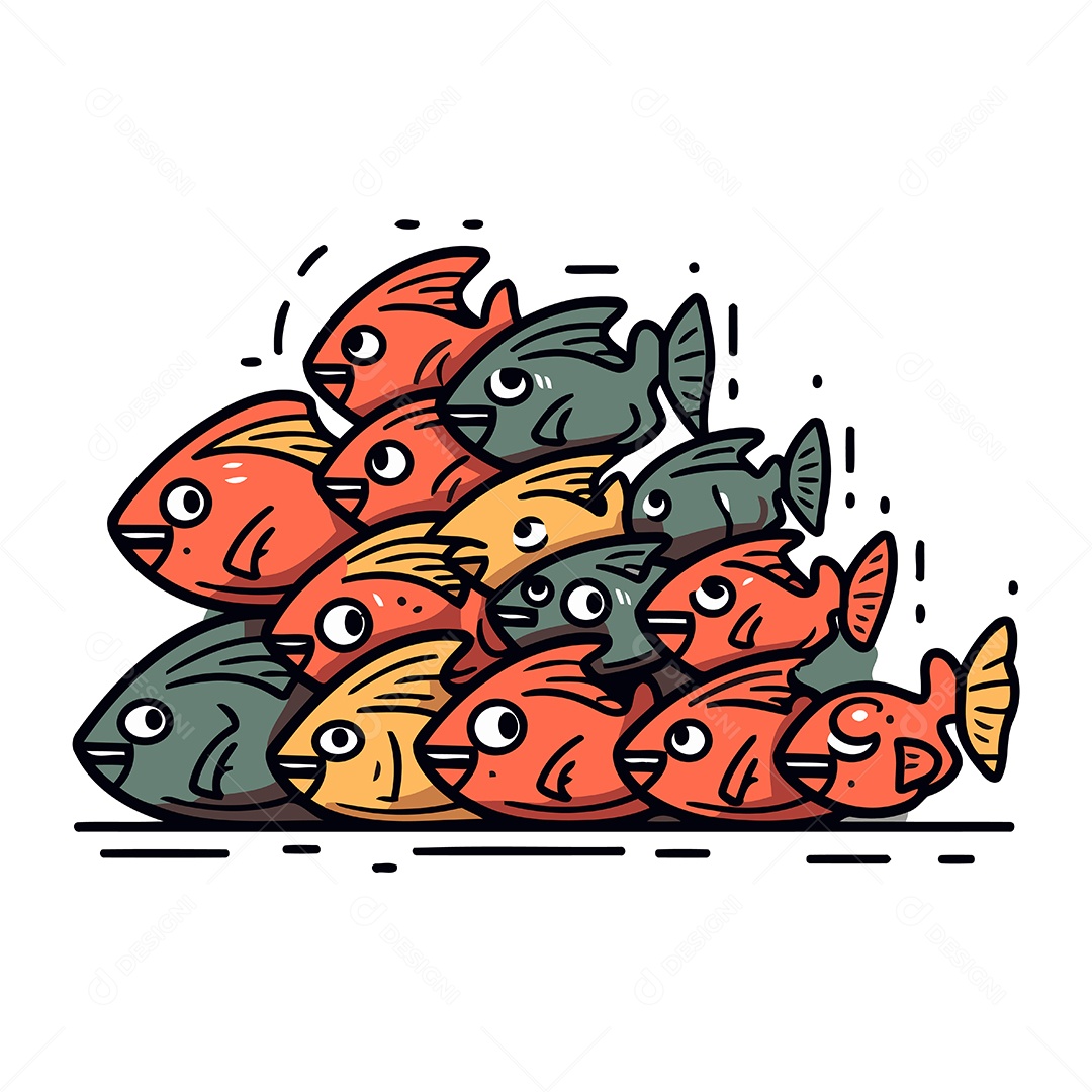 Grupo de Peixes Desenho Animado Ilustração Vetor EPS