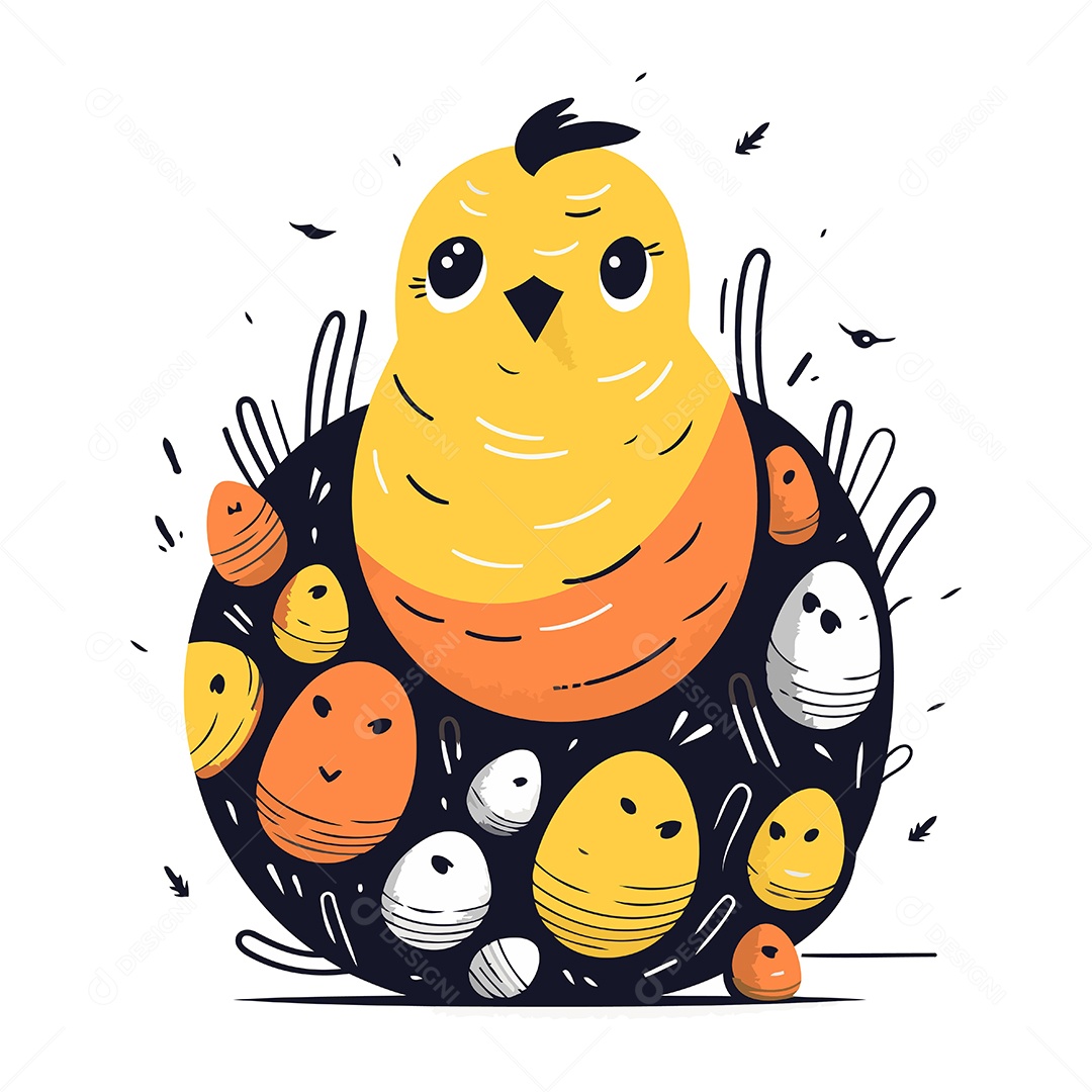 Pintinho Fofo no Ninho com Ovos Ilustração Vetor EPS