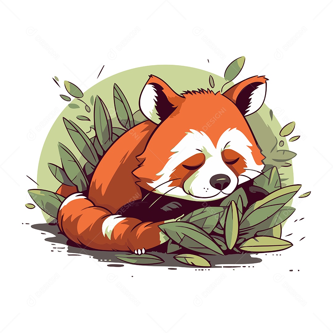 Panda Vermelho Fofo Deitado Sobre Folhas Verdes Ilustração Vetor EPS