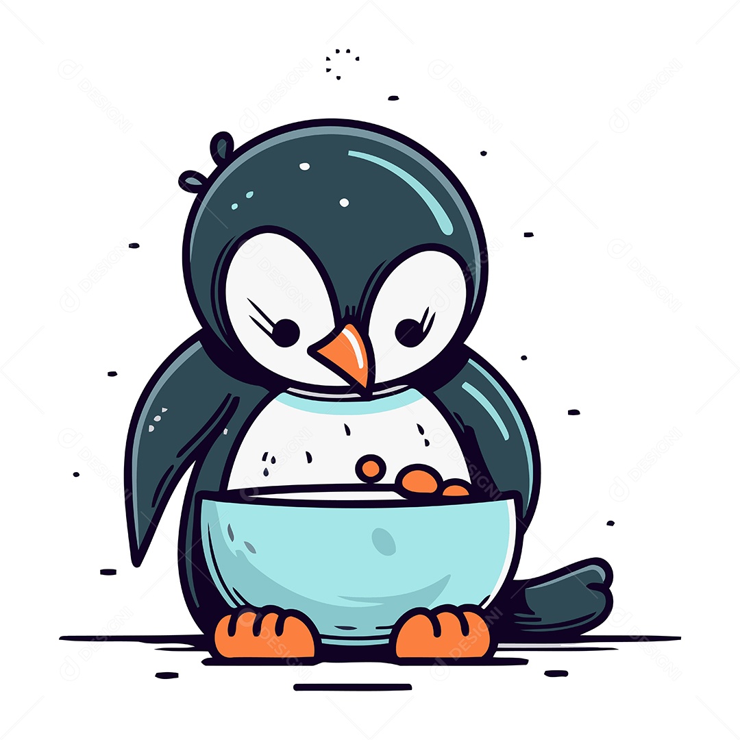 Pinguim Fofo com uma Tigela de Comida Ilustração Vetor EPS