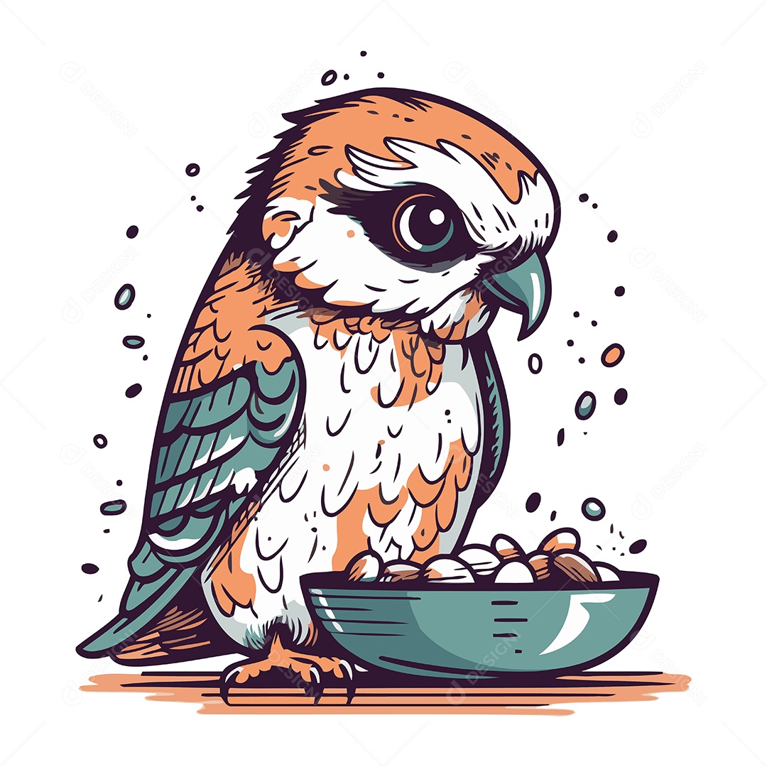 Pássaro de Desenho Animado com uma Tigela Ilustração Vetor EPS