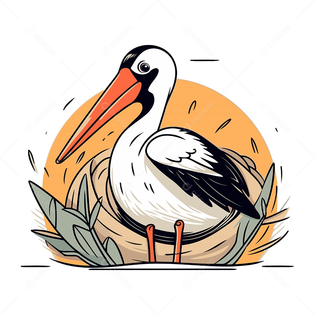Pelicano de Desenho Animado no Ninho Ilustração Vetor EPS