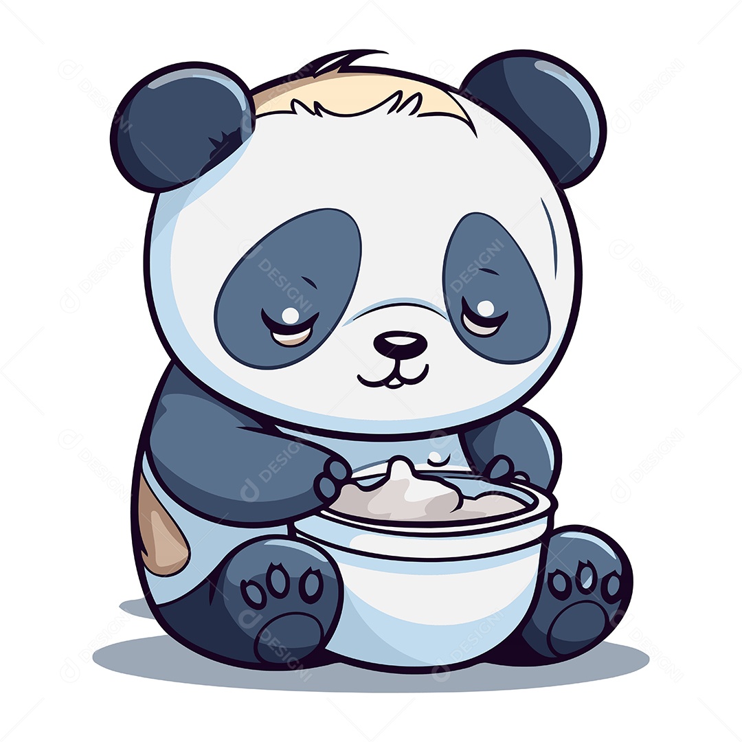 Urso Panda Fofo Comendo em uma Tigela Ilustração Vetor EPS
