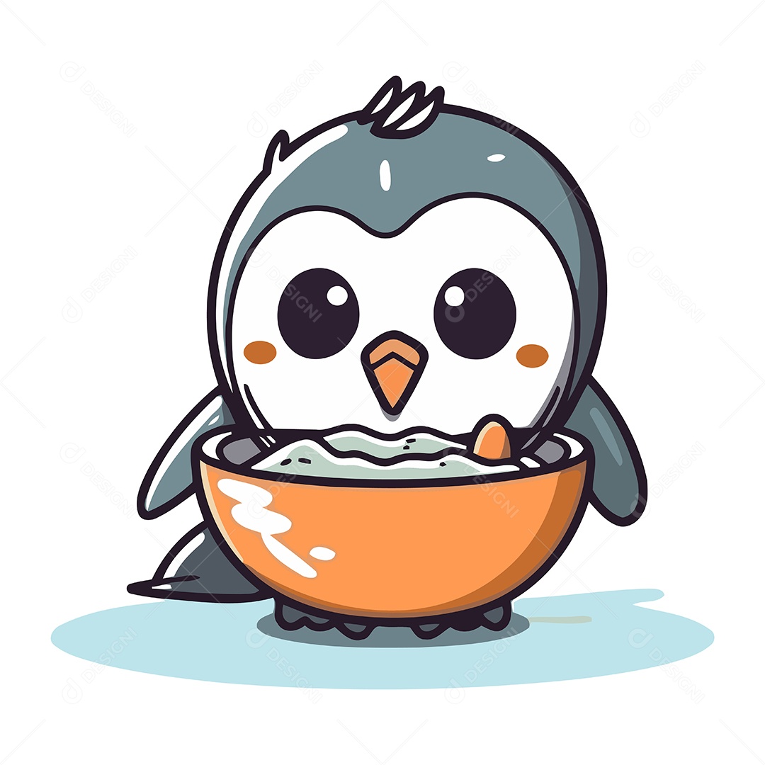 Pinguim Fofo Comendo em uma Tigela Ilustração Vetor EPS