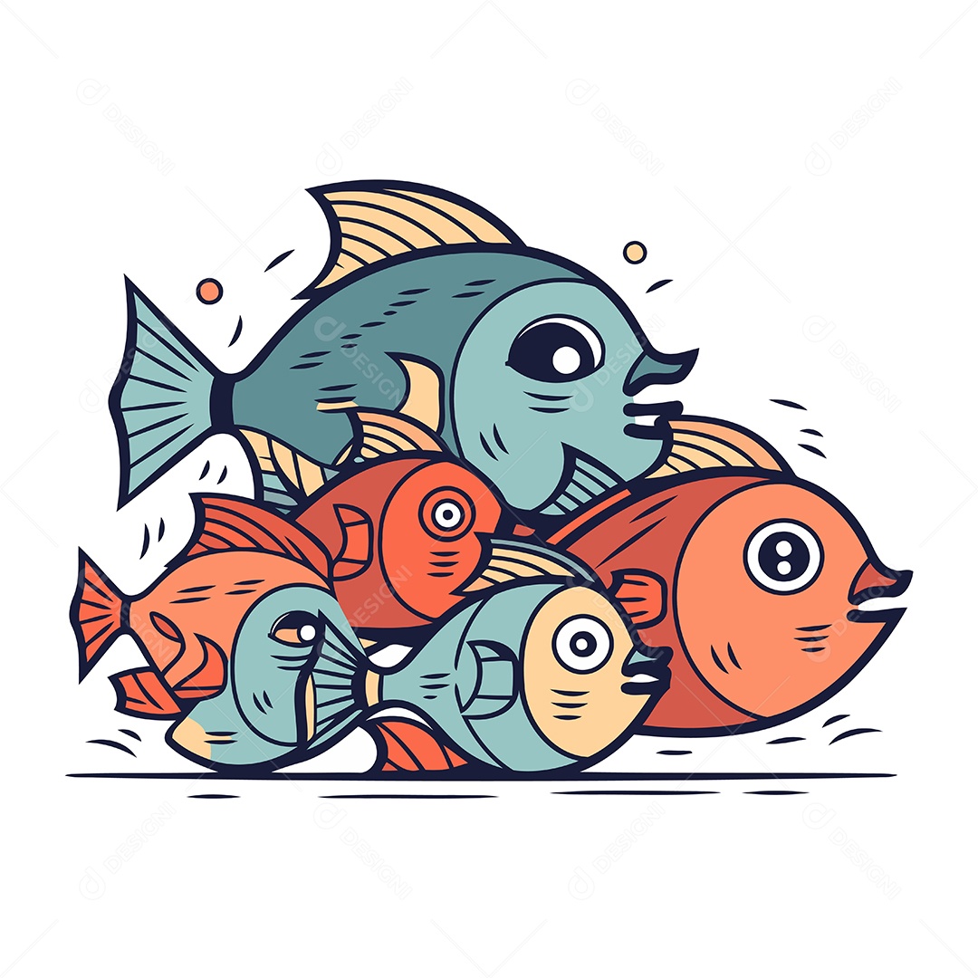 Grupo de Peixes Desenho Animado Ilustração Vetor EPS