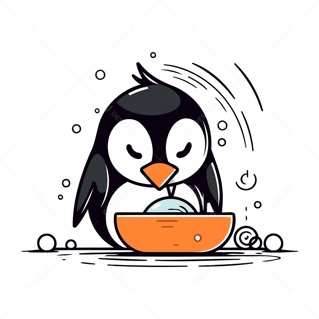 Pinguim Fofo com uma Tigela de Comida Ilustração Vetor EPS