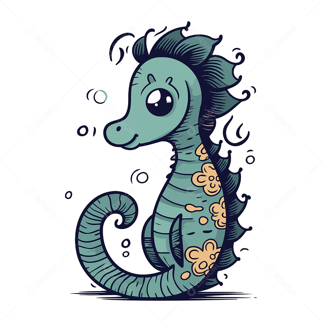 Cavalo Marinho Fofo de Desenho Animado Ilustração Vetor EPS