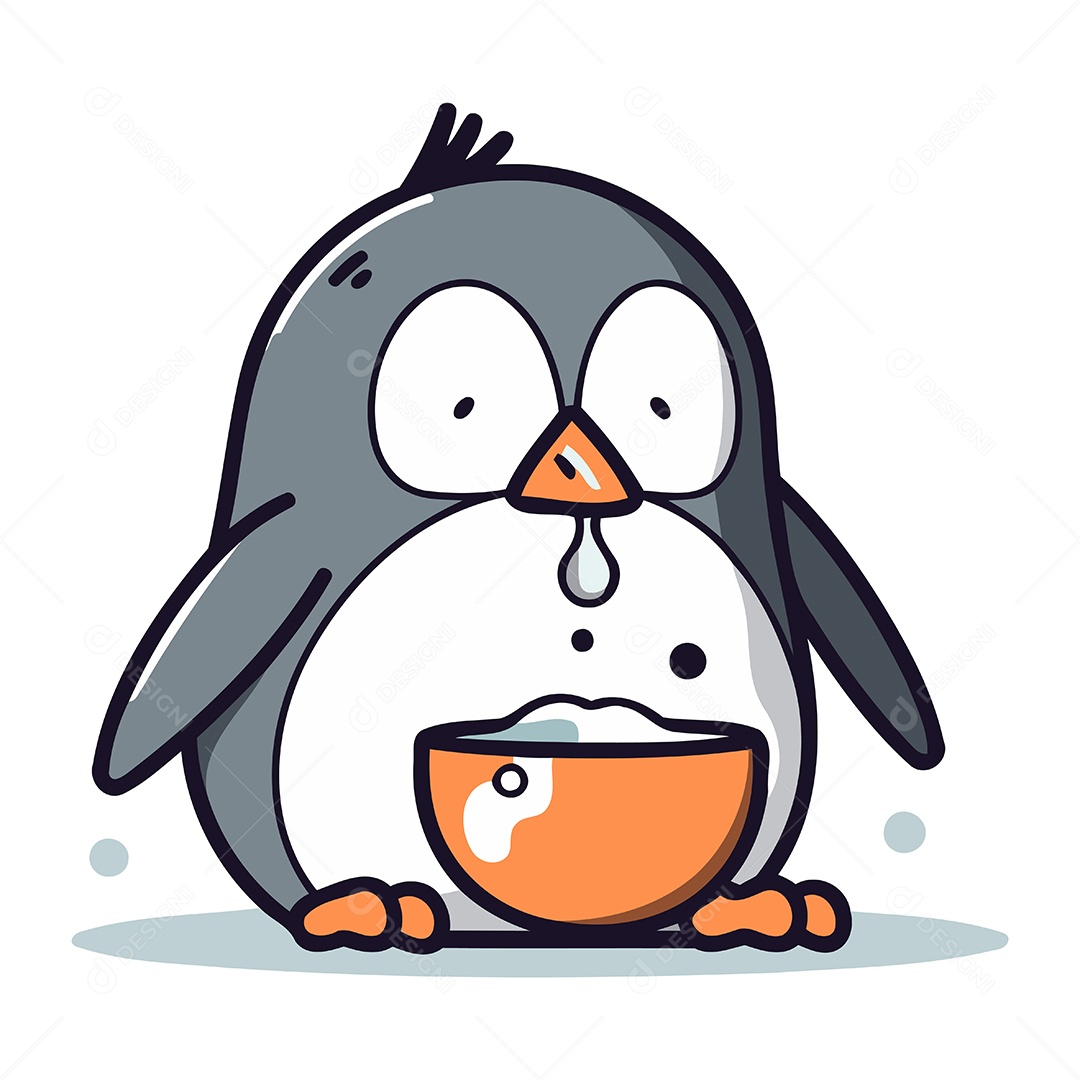 Pinguim Fofo com uma Tigela Ilustração Vetor EPS