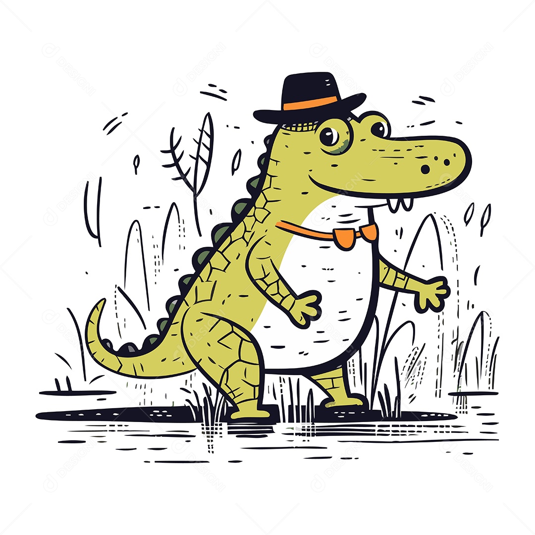 Crocodilo de Chapéu Desenho Animado Ilustração Vetor EPS