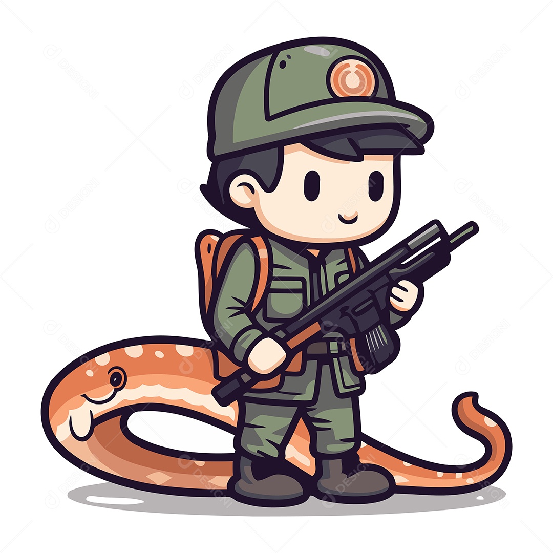 Soldado de Desenho Animado com uma Cobra Ilustração Vetor EPS
