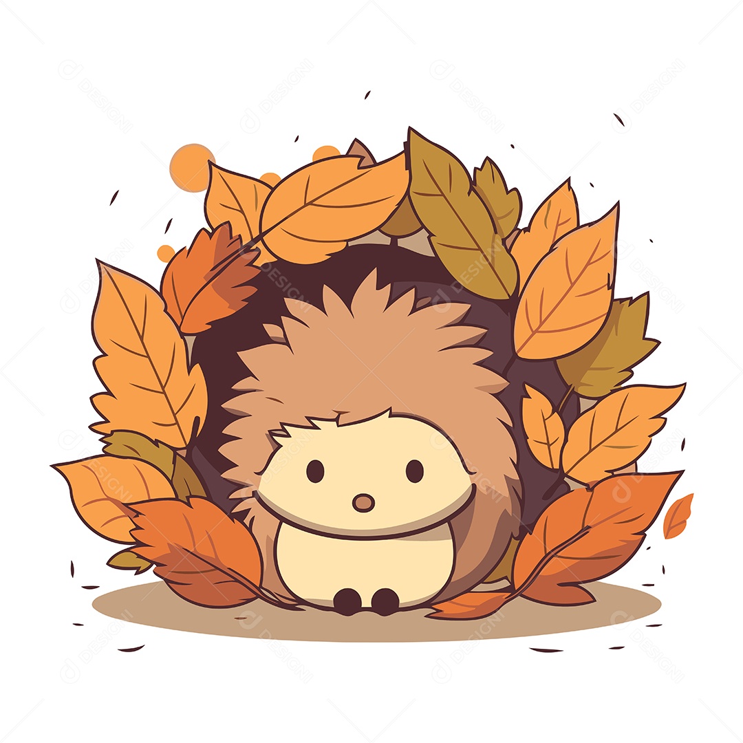 Ouriço Fofo de Desenho Animado nas Folhas Ilustração Vetor EPS