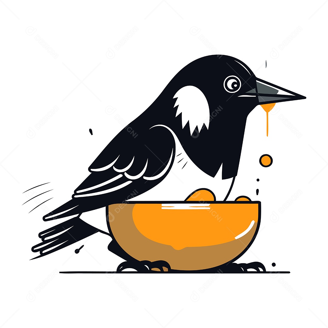 Corvo Comendo em uma Tigela de Desenho Animado Ilustração Vetor EPS