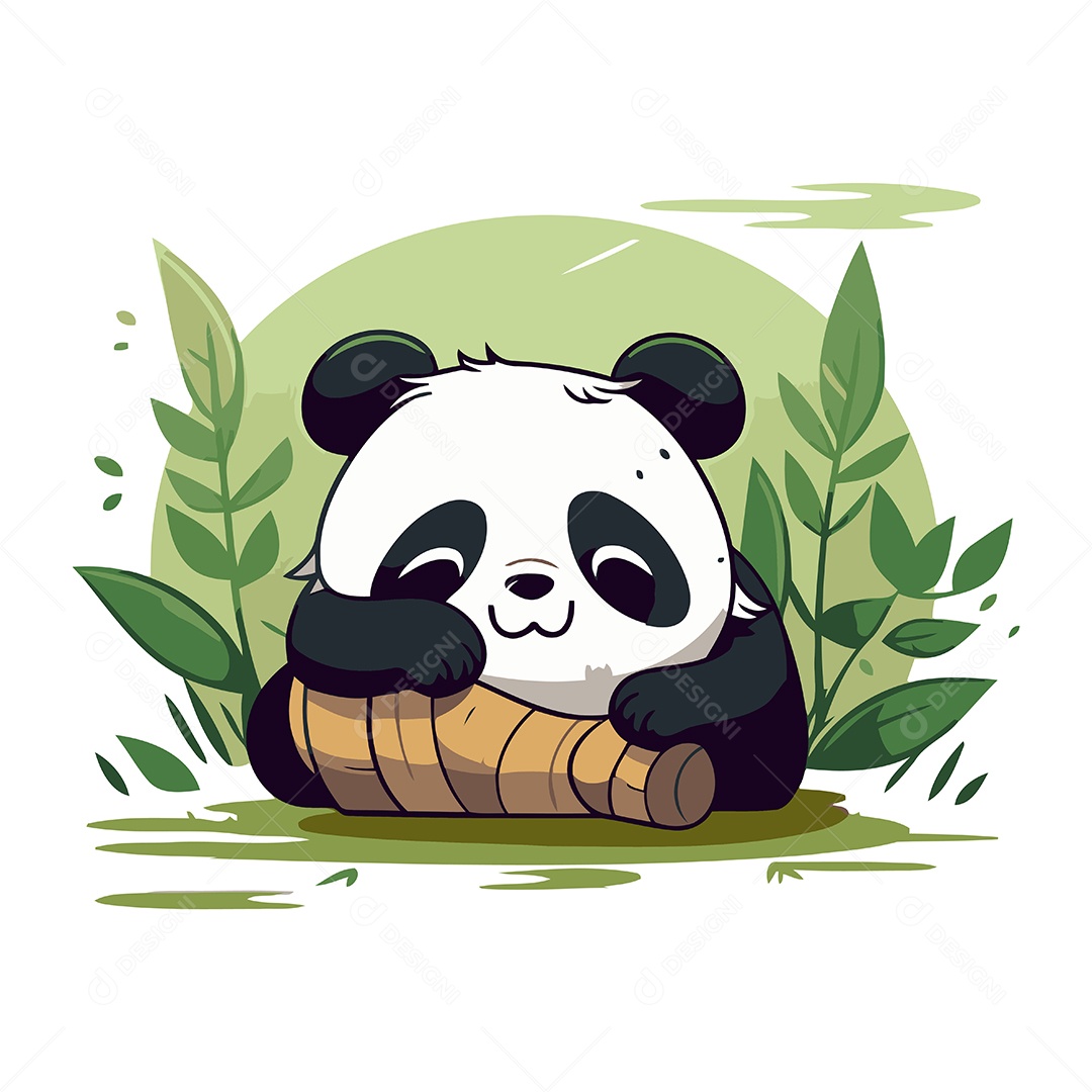 Panda Fofo com um Tronco de Madeira na Selva Ilustração Vetor EPS