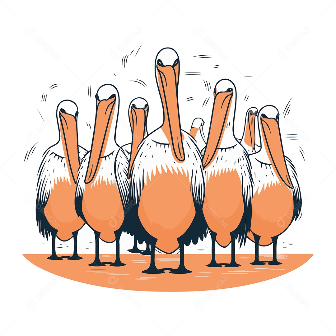 Bando de Pelicanos Desenho Animado Ilustração Vetor EPS
