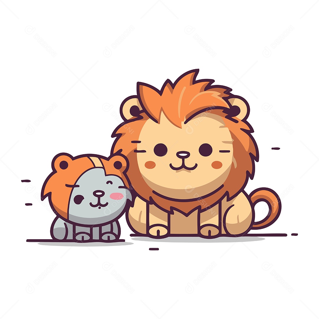 Leãozinho e Leoa Fofo de Desenho Animado Ilustração Vetor EPS
