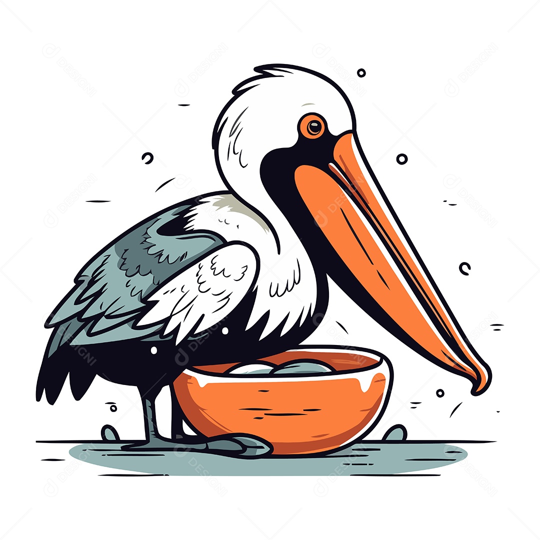 Pelicano Comendo em uma Tigela Ilustração Vetor EPS