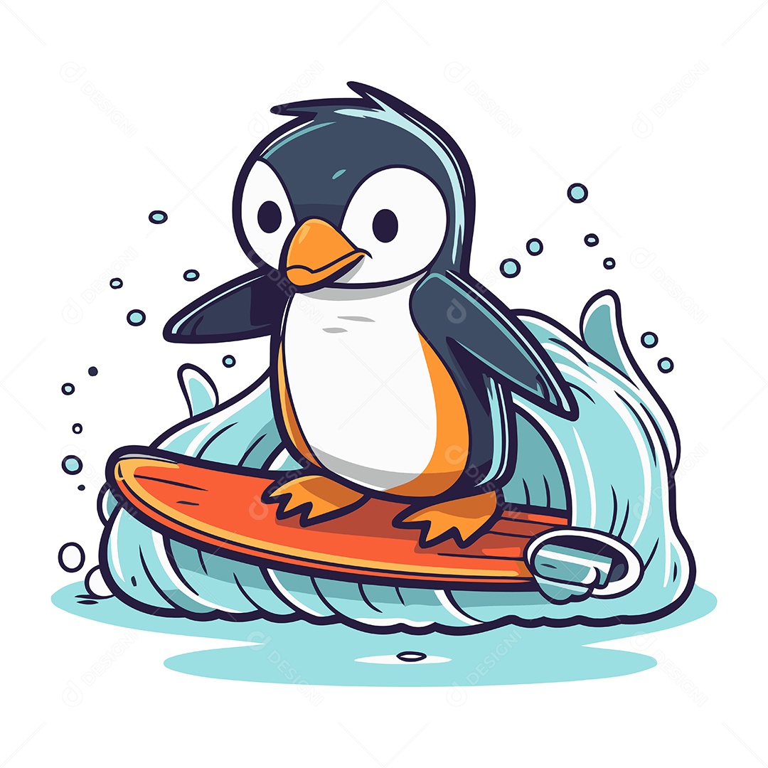 Pinguim Fofo Surfando em uma Prancha de Surfe Ilustração Vetor EPS