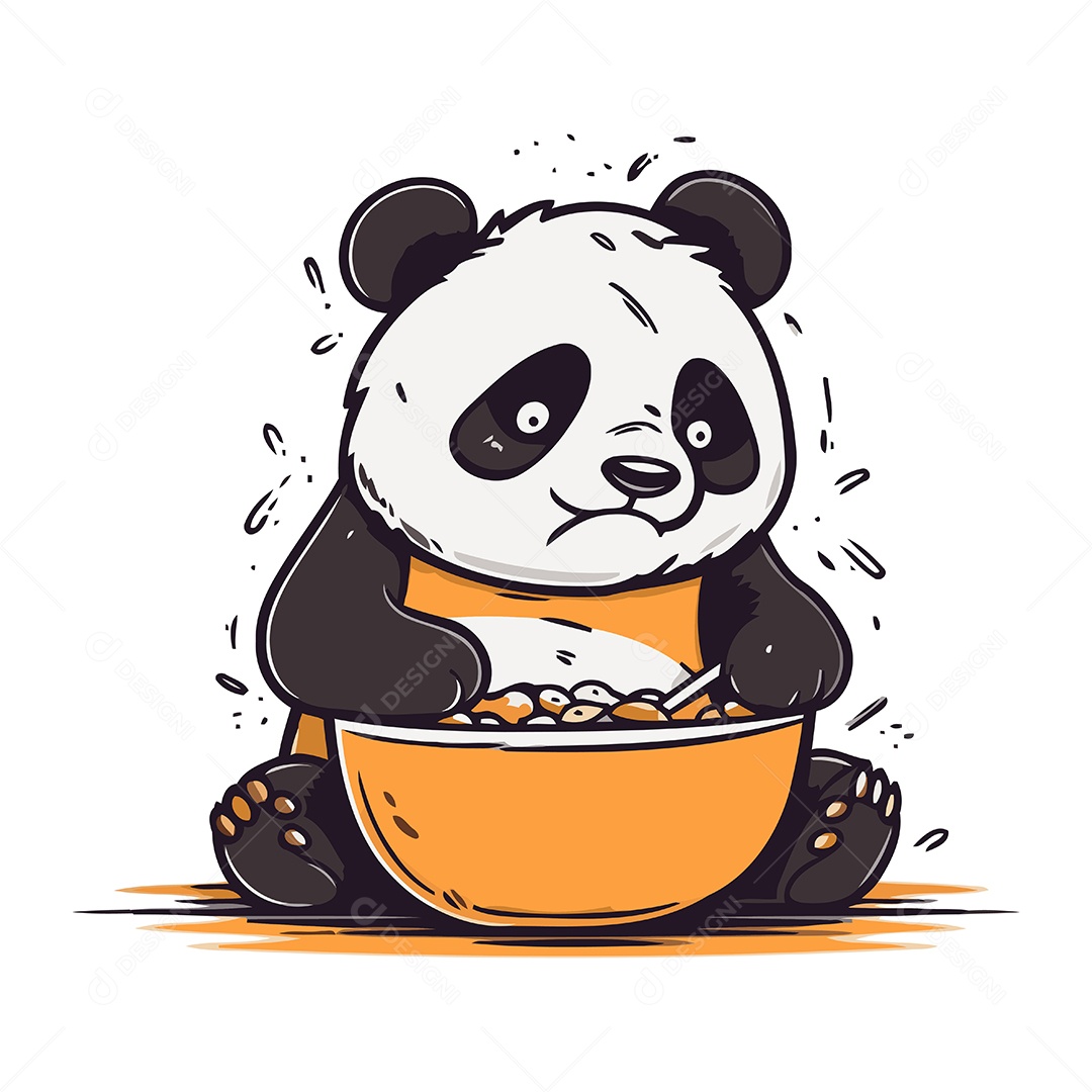 Panda Fofo Comendo uma Tigela de Comida Ilustração Vetor EPS