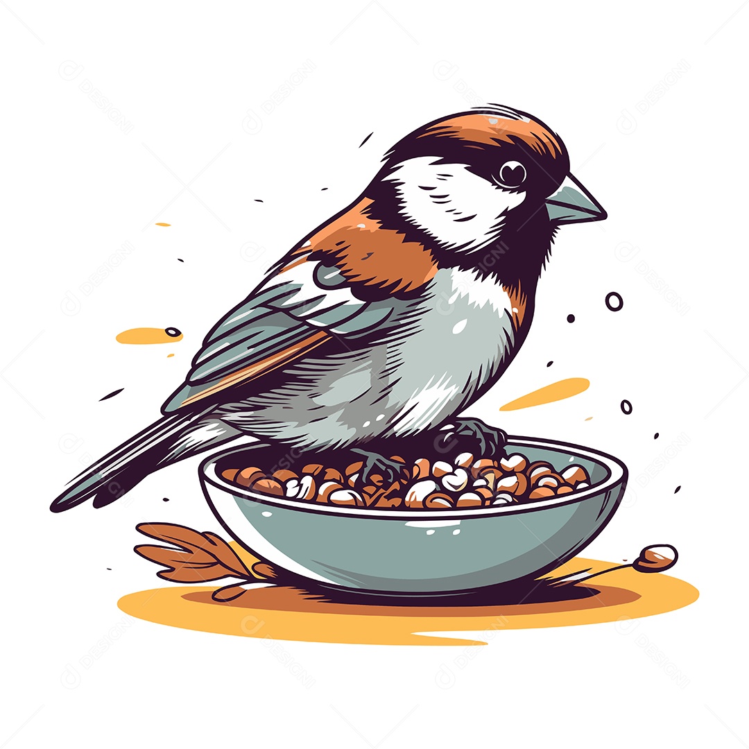 Pássaro Comendo Comida de uma Tigela Ilustração Vetor EPS