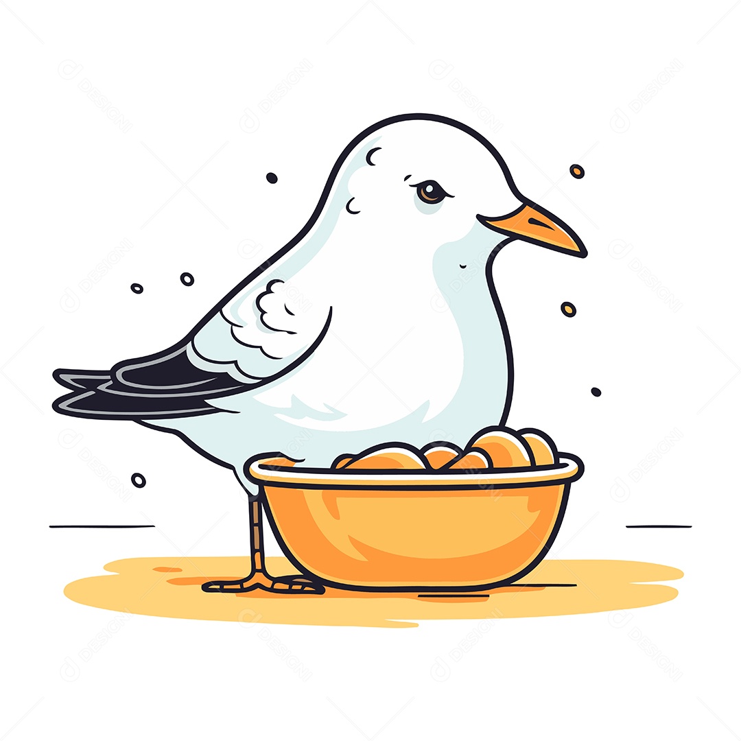 Gaivota Fofa de Desenho Animado com Tigela Ilustração Vetor EPS